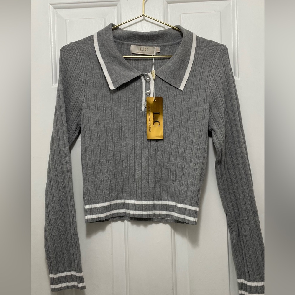 Gray Ribbed Crop Blouse with Peter Pan Collar